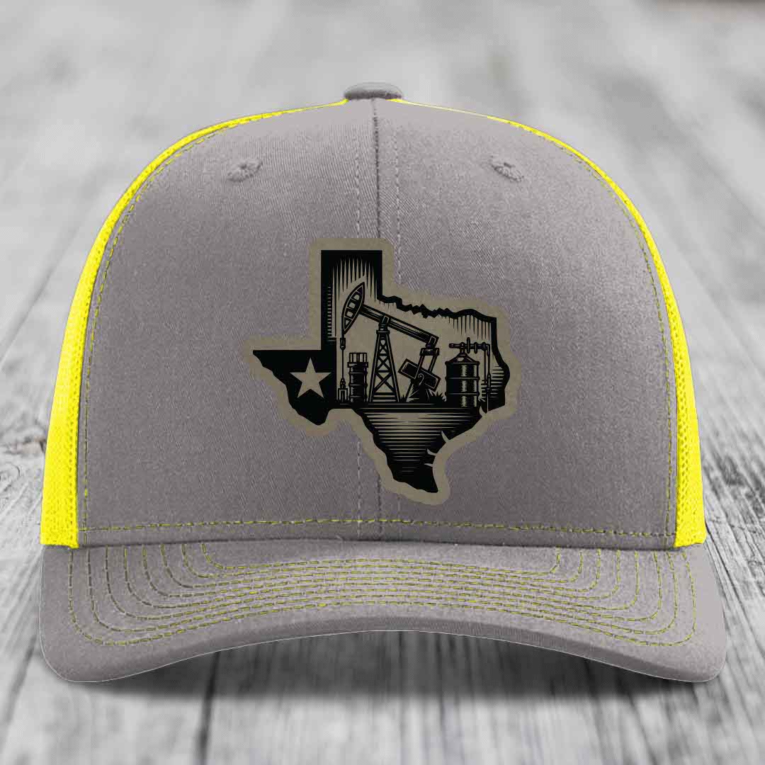 Texas Oilfield - Leather Patch Hat - Light Brown to Black Patch - Richardson 112 Snapback Trucker Hat