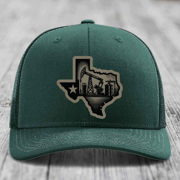 Texas Oilfield - Leather Patch Hat - Light Brown to Black Patch - Richardson 112 Snapback Trucker Hat