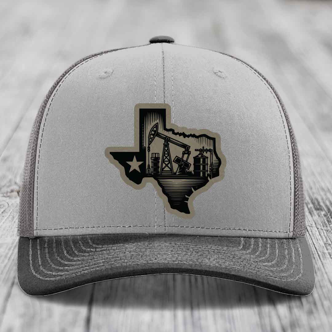 Texas Oilfield - Leather Patch Hat - Light Brown to Black Patch - Richardson 112 Snapback Trucker Hat