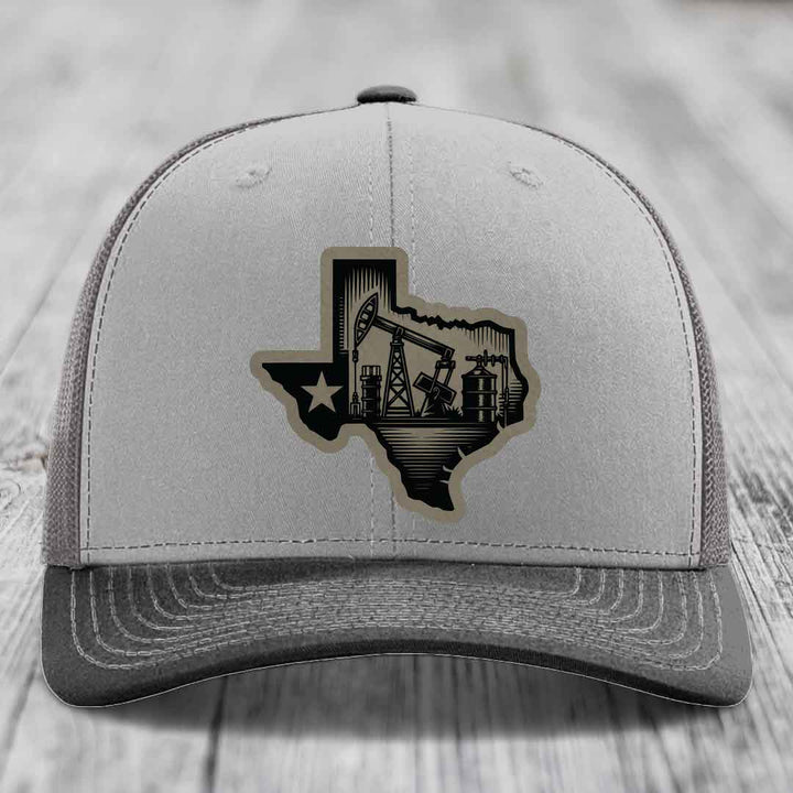 Texas Oilfield - Leather Patch Hat - Light Brown to Black Patch - Richardson 112 Snapback Trucker Hat