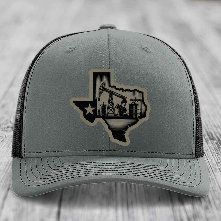 Texas Oilfield - Leather Patch Hat - Light Brown to Black Patch - Richardson 112 Snapback Trucker Hat