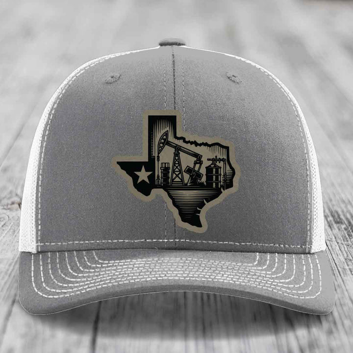 Texas Oilfield - Leather Patch Hat - Light Brown to Black Patch - Richardson 112 Snapback Trucker Hat