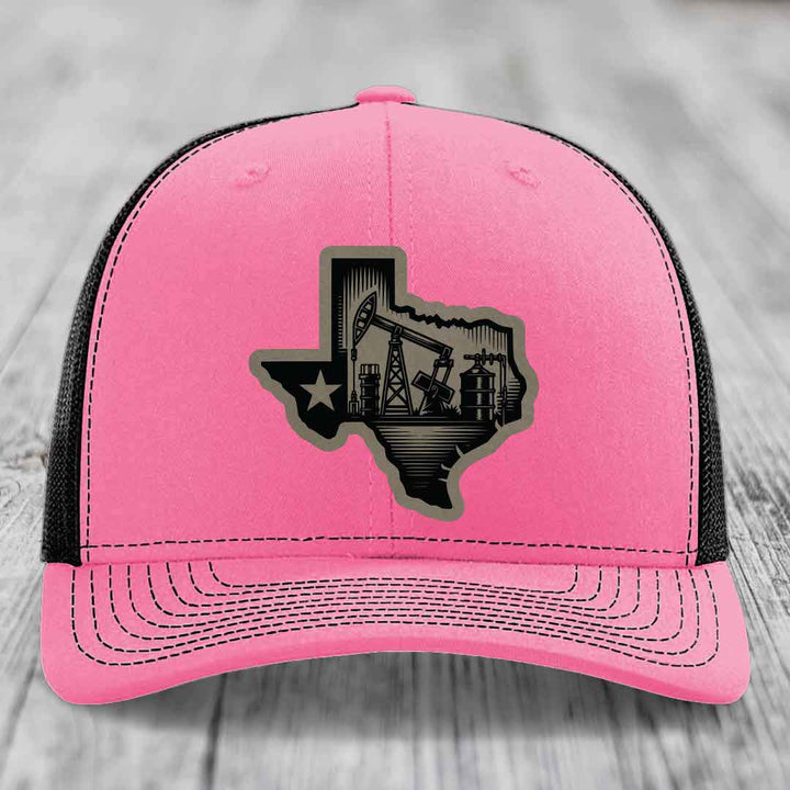Texas Oilfield - Leather Patch Hat - Light Brown to Black Patch - Richardson 112 Snapback Trucker Hat