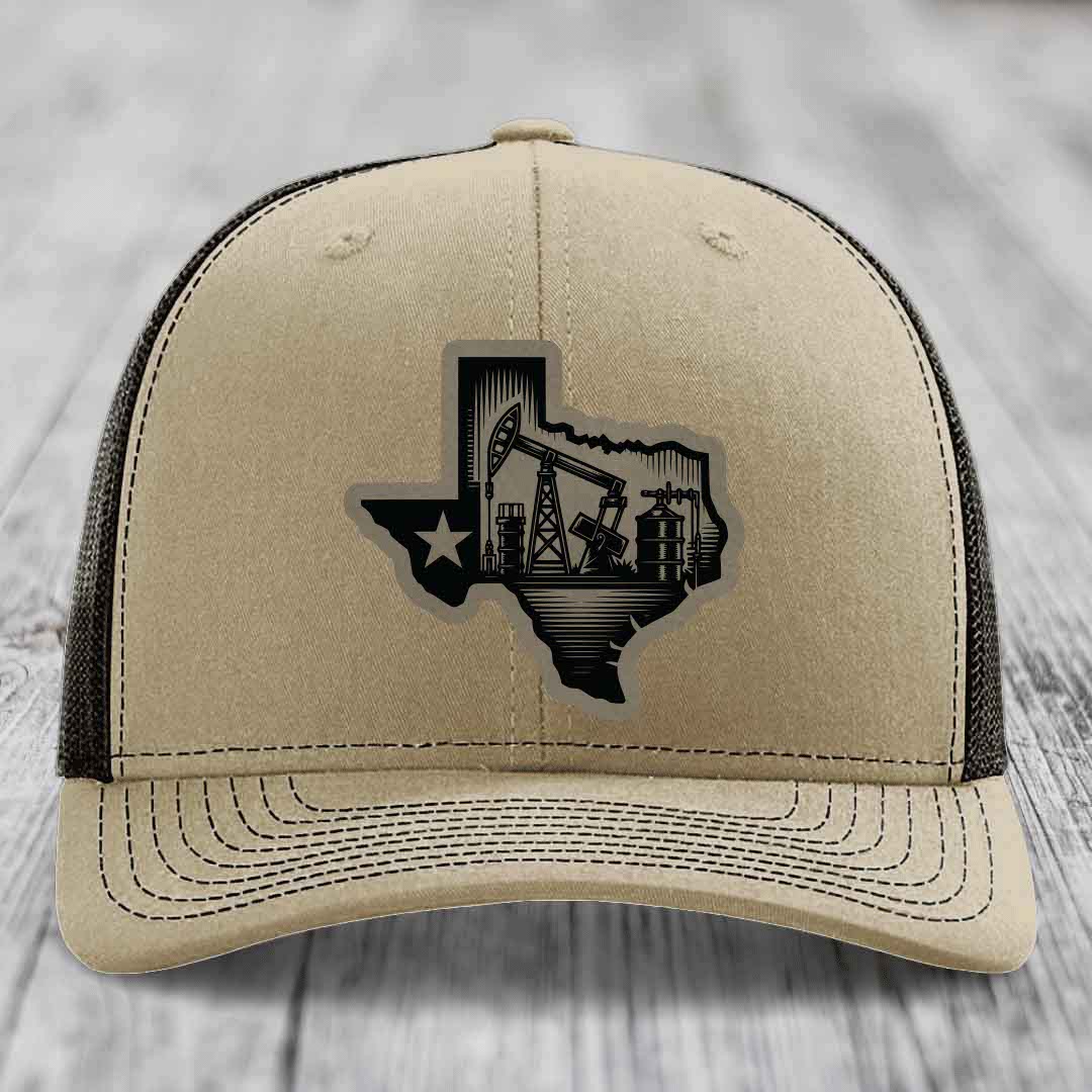 Texas Oilfield - Leather Patch Hat - Light Brown to Black Patch - Richardson 112 Snapback Trucker Hat