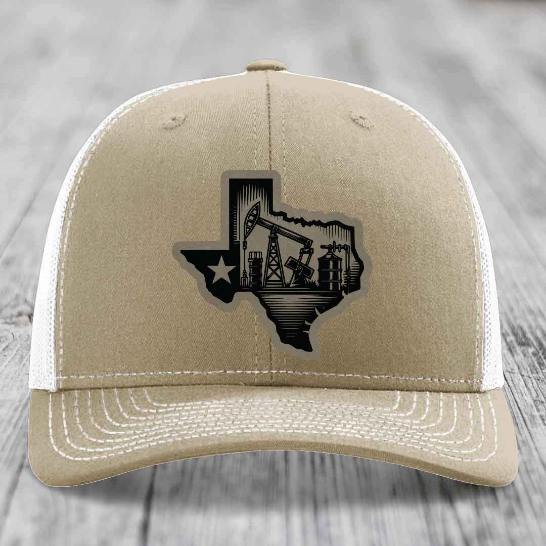 Texas Oilfield - Leather Patch Hat - Light Brown to Black Patch - Richardson 112 Snapback Trucker Hat
