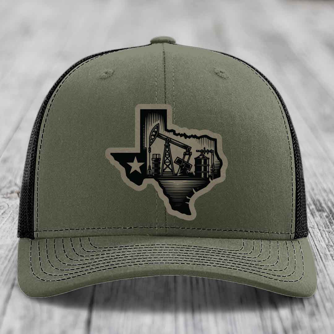 Texas Oilfield - Leather Patch Hat - Light Brown to Black Patch - Richardson 112 Snapback Trucker Hat