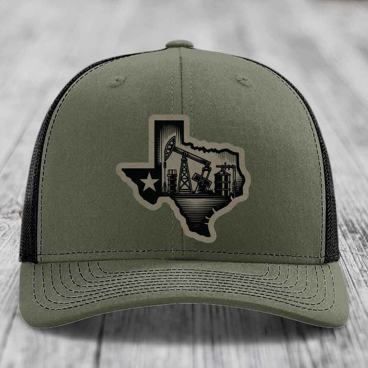 Texas Oilfield - Leather Patch Hat - Light Brown to Black Patch - Richardson 112 Snapback Trucker Hat