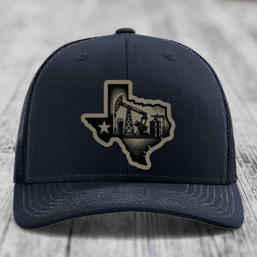 Texas Oilfield - Leather Patch Hat - Light Brown to Black Patch - Richardson 112 Snapback Trucker Hat