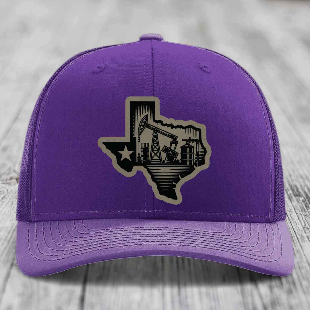 Texas Oilfield - Leather Patch Hat - Light Brown to Black Patch - Richardson 112 Snapback Trucker Hat