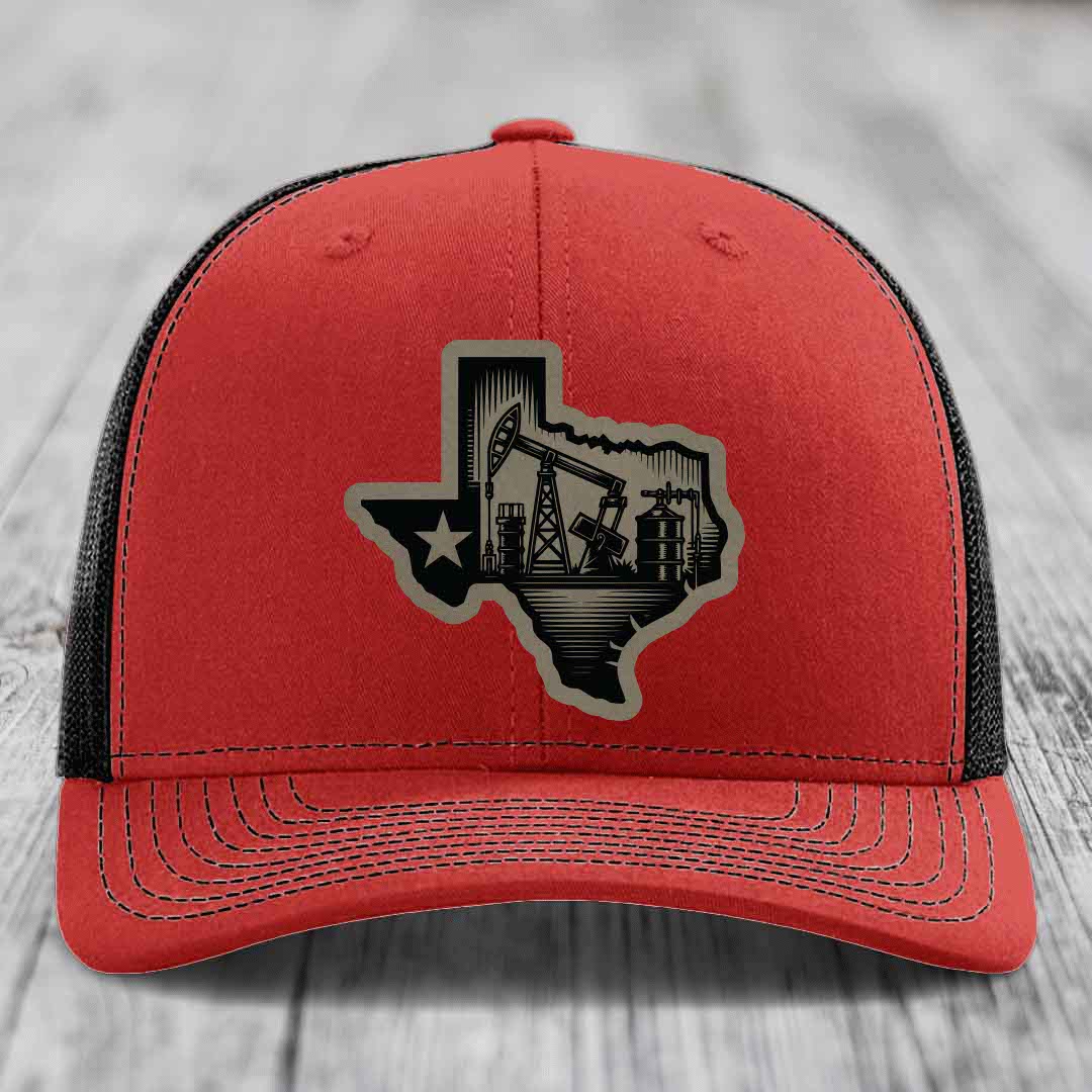 Texas Oilfield - Leather Patch Hat - Light Brown to Black Patch - Richardson 112 Snapback Trucker Hat