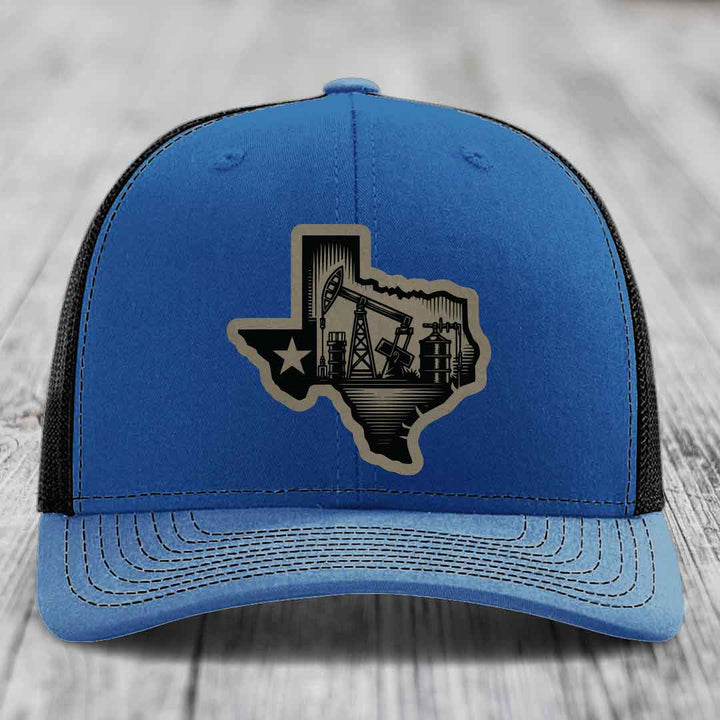 Texas Oilfield - Leather Patch Hat - Light Brown to Black Patch - Richardson 112 Snapback Trucker Hat