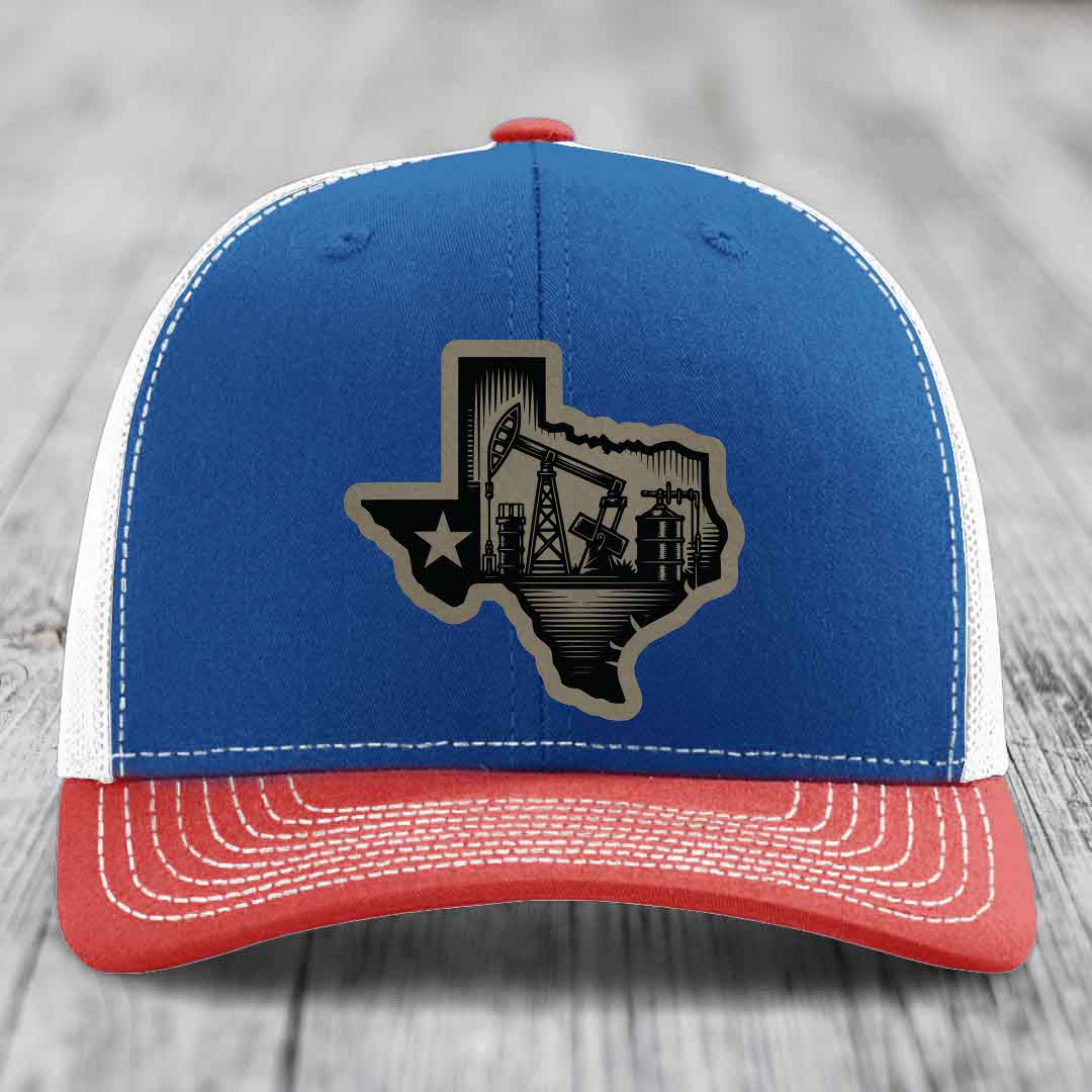 Texas Oilfield - Leather Patch Hat - Light Brown to Black Patch - Richardson 112 Snapback Trucker Hat
