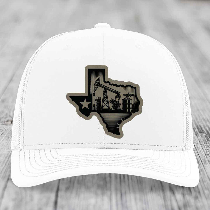 Texas Oilfield - Leather Patch Hat - Light Brown to Black Patch - Richardson 112 Snapback Trucker Hat