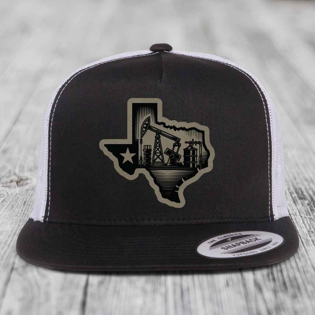Texas Oilfield - Leather Patch Hat - Light Brown to Black Patch - Yupoong 6006 Snapback Flatbill Hat