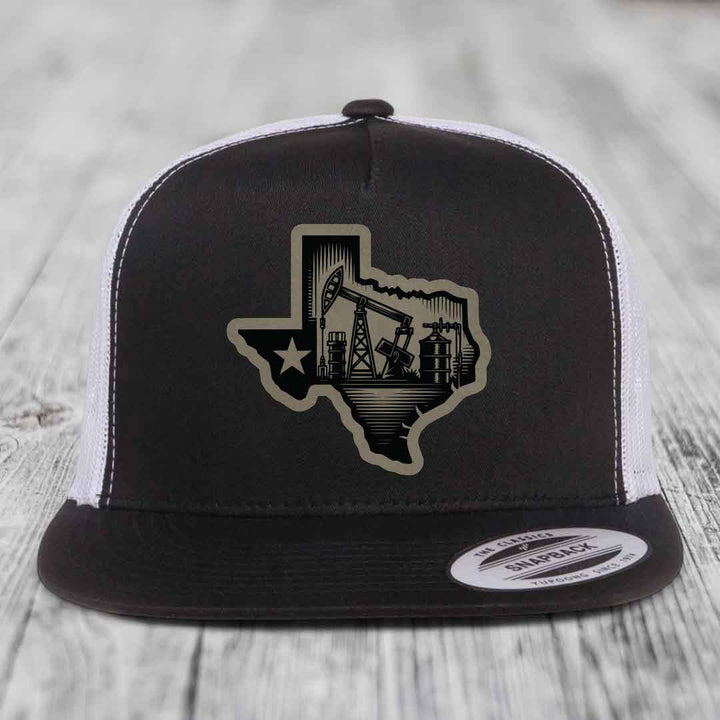 Texas Oilfield - Leather Patch Hat - Light Brown to Black Patch - Yupoong 6006 Snapback Flatbill Hat