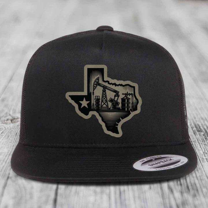 Texas Oilfield - Leather Patch Hat - Light Brown to Black Patch - Yupoong 6006 Snapback Flatbill Hat