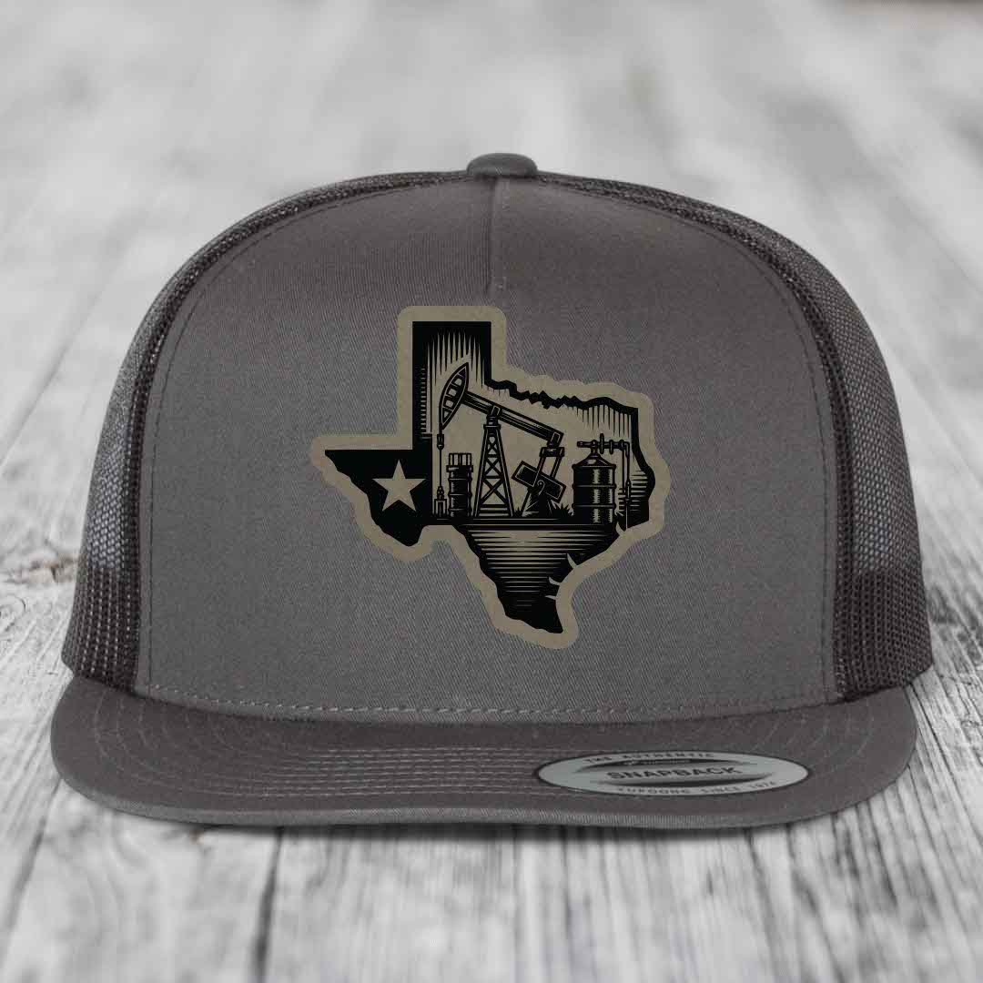 Texas Oilfield - Leather Patch Hat - Light Brown to Black Patch - Yupoong 6006 Snapback Flatbill Hat