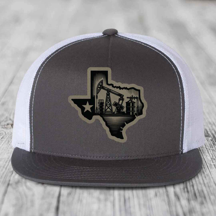 Texas Oilfield - Leather Patch Hat - Light Brown to Black Patch - Yupoong 6006 Snapback Flatbill Hat