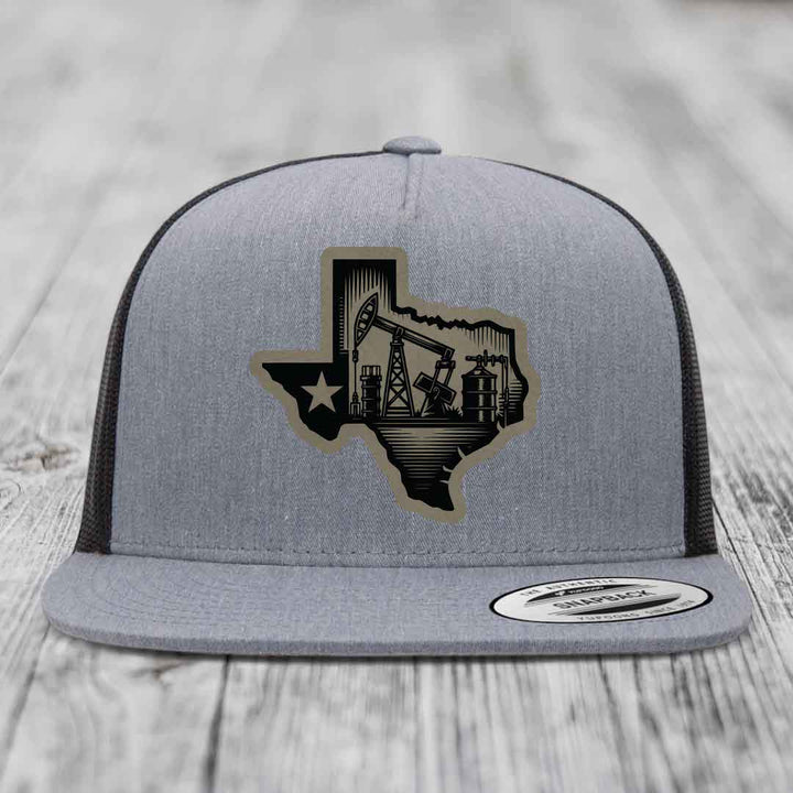 Texas Oilfield - Leather Patch Hat - Light Brown to Black Patch - Yupoong 6006 Snapback Flatbill Hat
