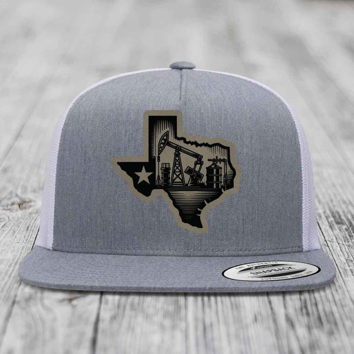 Texas Oilfield - Leather Patch Hat - Light Brown to Black Patch - Yupoong 6006 Snapback Flatbill Hat