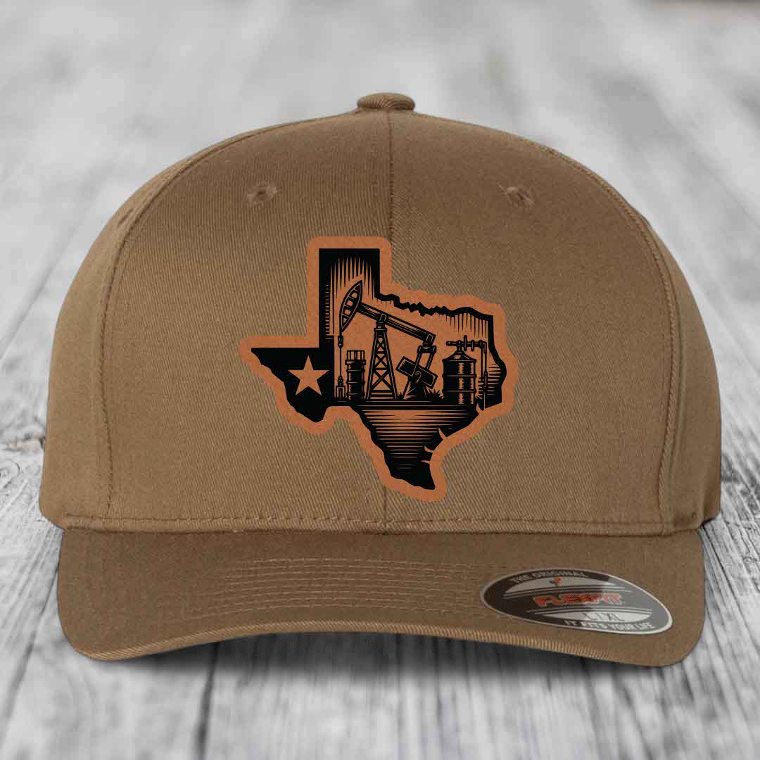 Texas Oilfield - Leather Patch Hat - Rawhide to Black Patch - Flexfit 6277 Fitted Hat