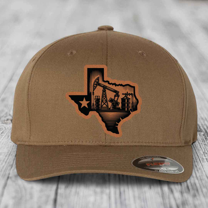 Texas Oilfield - Leather Patch Hat - Rawhide to Black Patch - Flexfit 6277 Fitted Hat