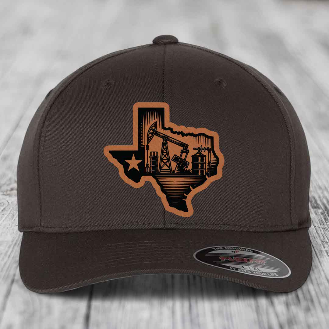 Texas Oilfield - Leather Patch Hat - Rawhide to Black Patch - Flexfit 6277 Fitted Hat