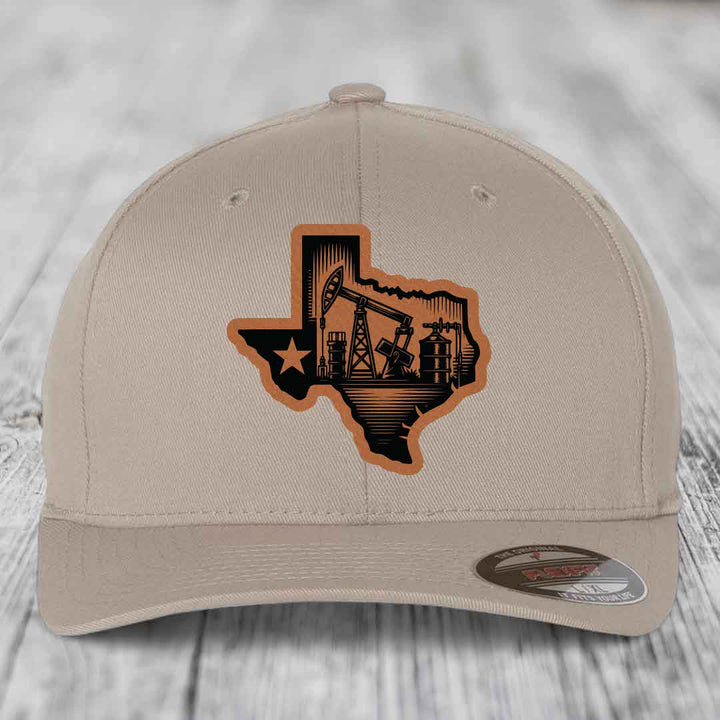Texas Oilfield - Leather Patch Hat - Rawhide to Black Patch - Flexfit 6277 Fitted Hat