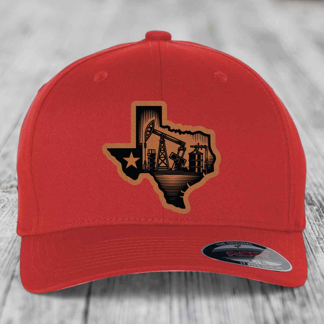 Texas Oilfield - Leather Patch Hat - Rawhide to Black Patch - Flexfit 6277 Fitted Hat