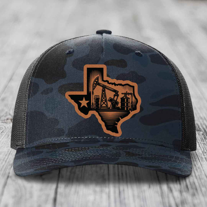 Texas Oilfield - Leather Patch Hat - Rawhide to Black Patch - Richardson 112PFP Snapback Trucker Hat