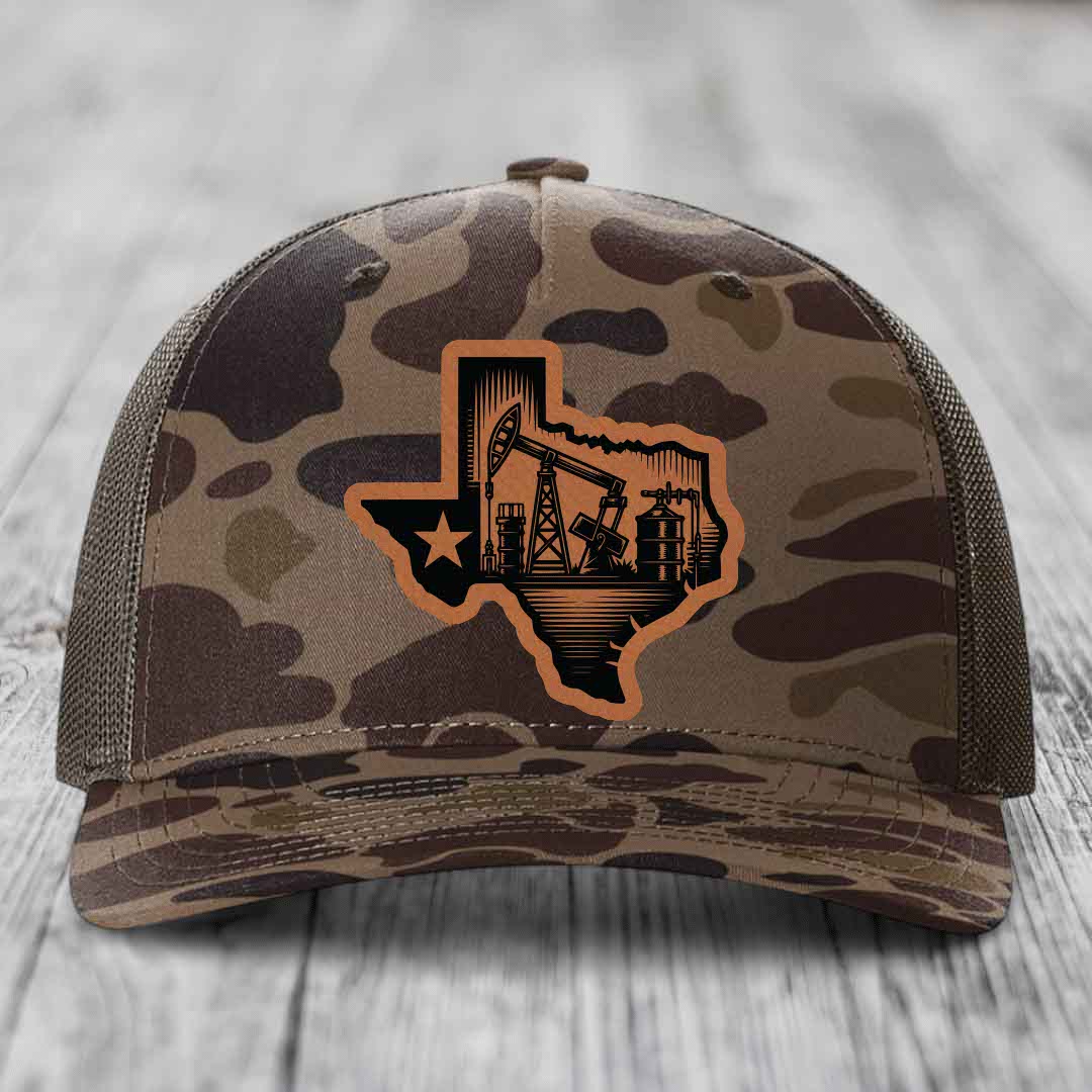 Texas Oilfield - Leather Patch Hat - Rawhide to Black Patch - Richardson 112PFP Snapback Trucker Hat