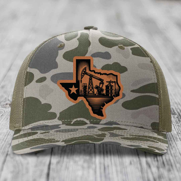 Texas Oilfield - Leather Patch Hat - Rawhide to Black Patch - Richardson 112PFP Snapback Trucker Hat