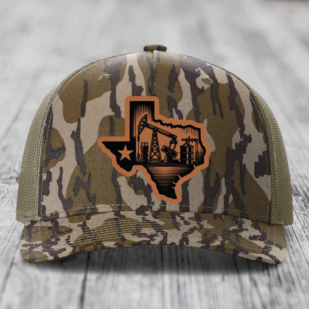 Texas Oilfield - Leather Patch Hat - Rawhide to Black Patch - Richardson 112PFP Snapback Trucker Hat