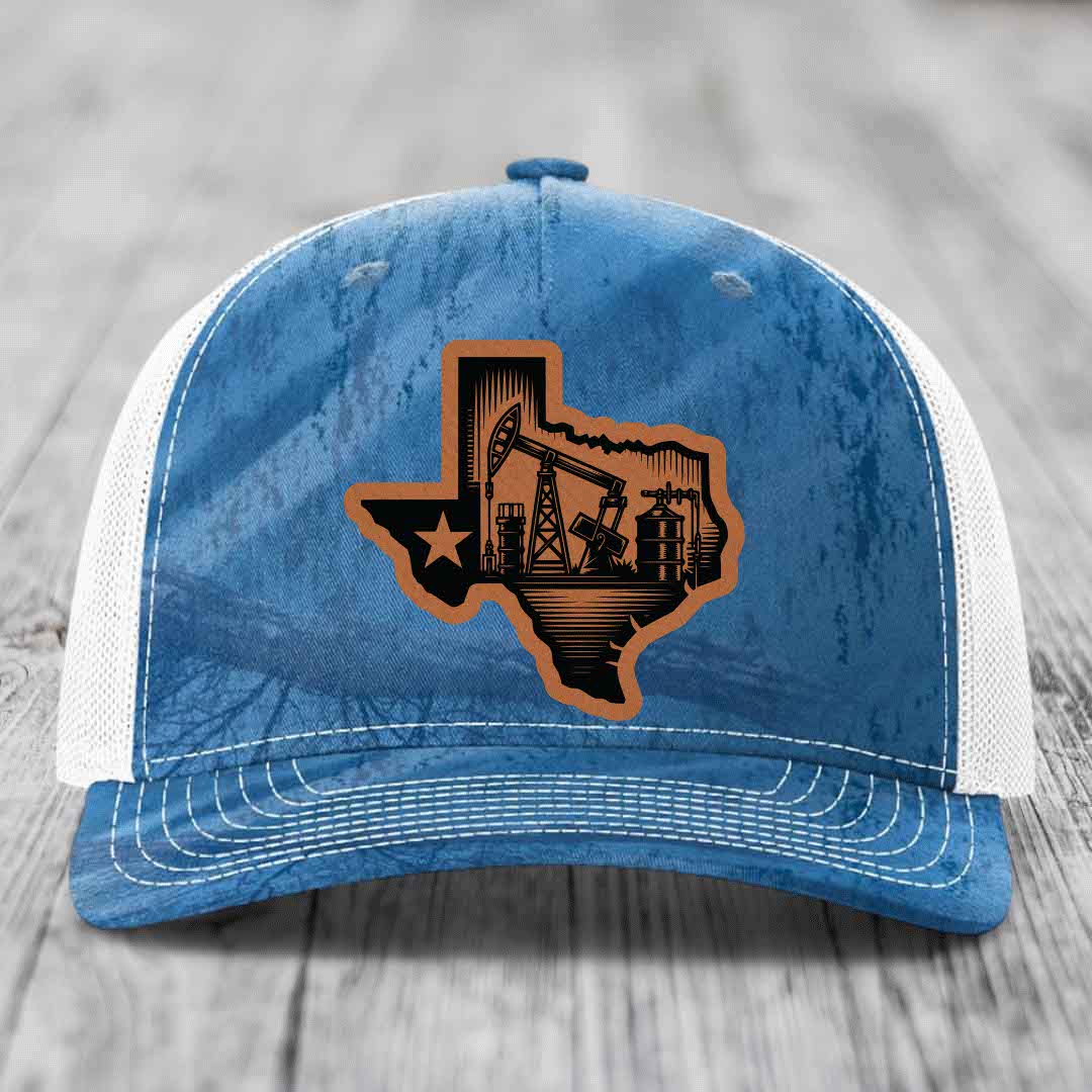 Texas Oilfield - Leather Patch Hat - Rawhide to Black Patch - Richardson 112PFP Snapback Trucker Hat