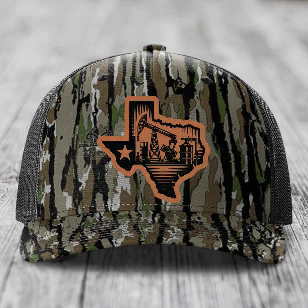Texas Oilfield - Leather Patch Hat - Rawhide to Black Patch - Richardson 112PFP Snapback Trucker Hat