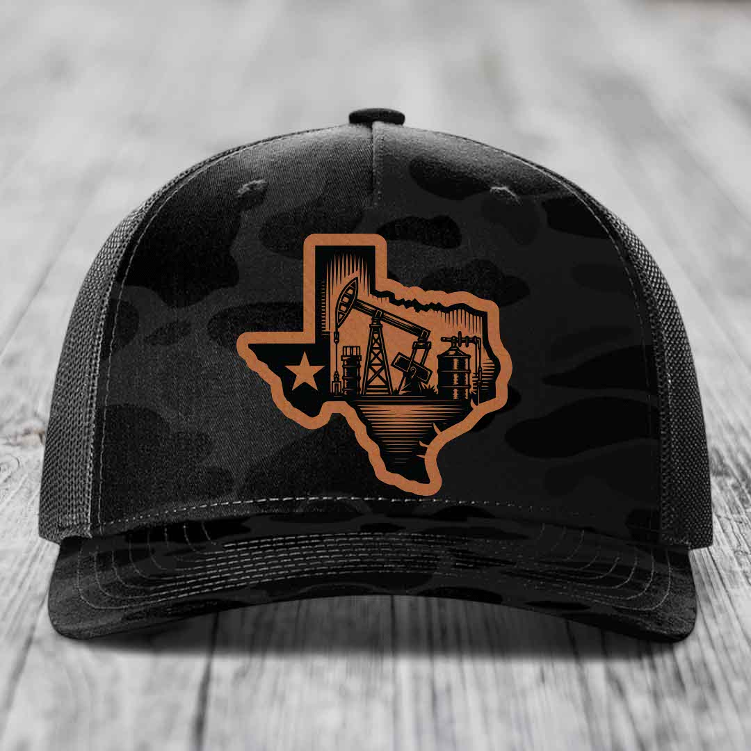 Texas Oilfield - Leather Patch Hat - Rawhide to Black Patch - Richardson 112PFP Snapback Trucker Hat