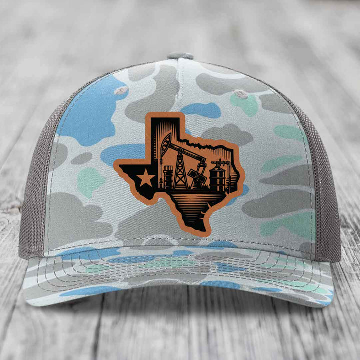 Texas Oilfield - Leather Patch Hat - Rawhide to Black Patch - Richardson 112PFP Snapback Trucker Hat
