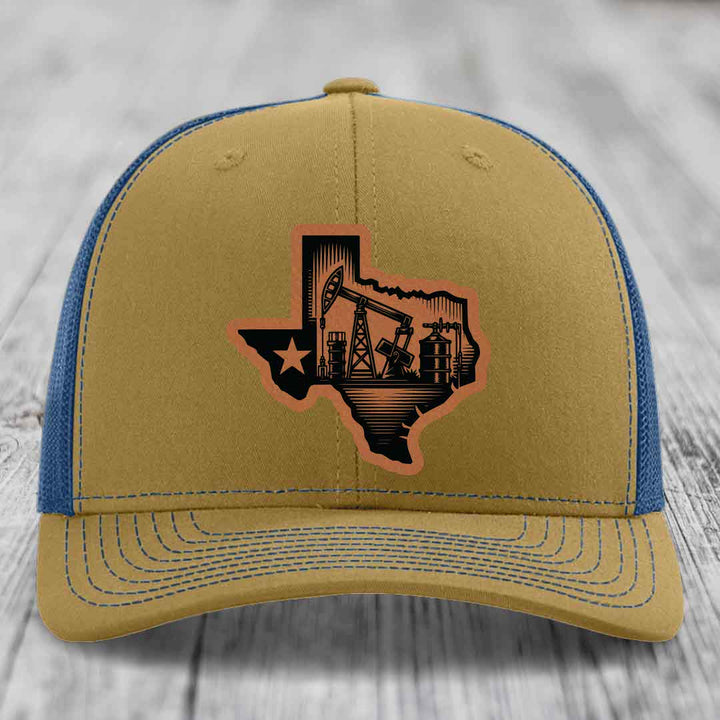 Texas Oilfield - Leather Patch Hat - Rawhide to Black Patch - Richardson 112 Snapback Trucker Hat