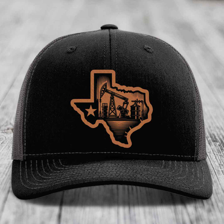 Texas Oilfield - Leather Patch Hat - Rawhide to Black Patch - Richardson 112 Snapback Trucker Hat