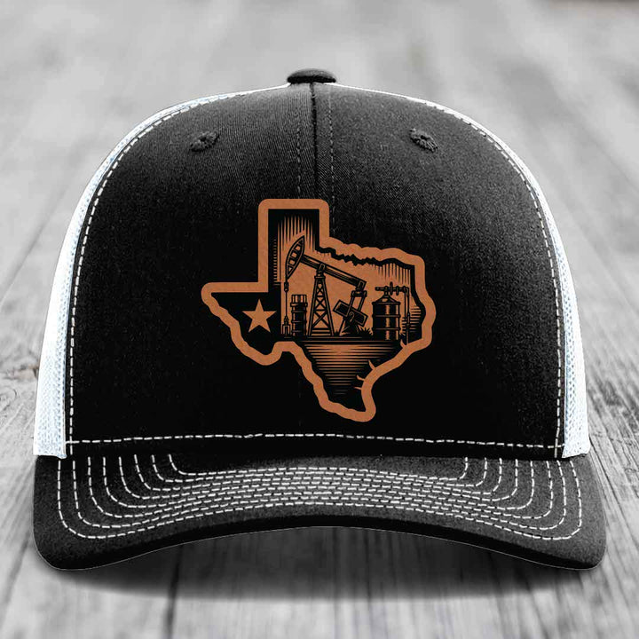 Texas Oilfield - Leather Patch Hat - Rawhide to Black Patch - Richardson 112 Snapback Trucker Hat