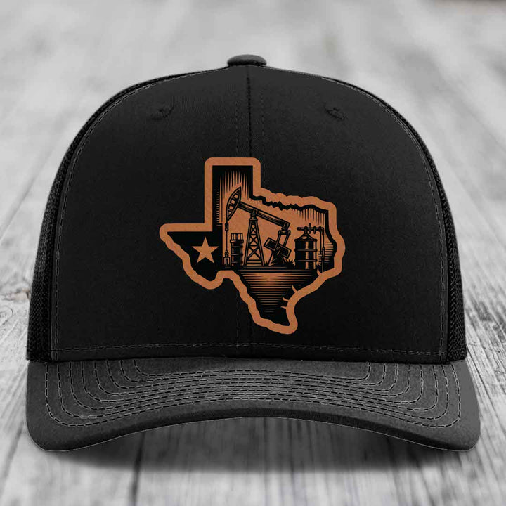 Texas Oilfield - Leather Patch Hat - Rawhide to Black Patch - Richardson 112 Snapback Trucker Hat