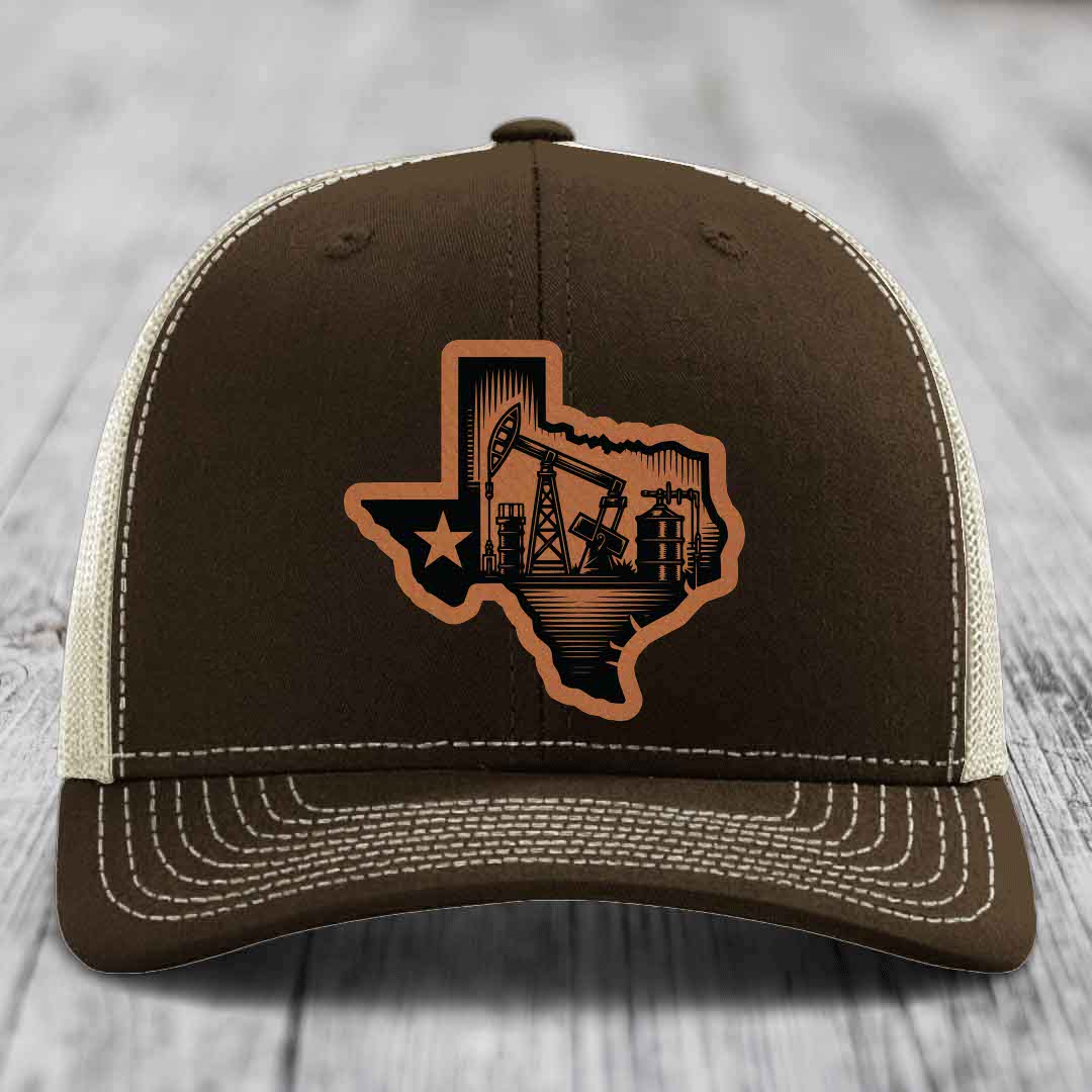 Texas Oilfield - Leather Patch Hat - Rawhide to Black Patch - Richardson 112 Snapback Trucker Hat