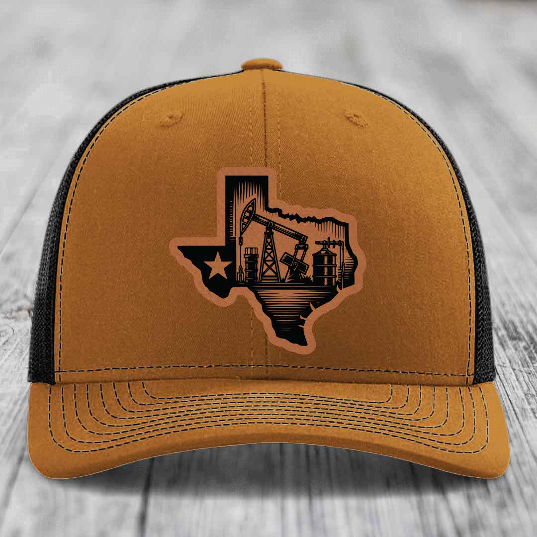 Texas Oilfield - Leather Patch Hat - Rawhide to Black Patch - Richardson 112 Snapback Trucker Hat