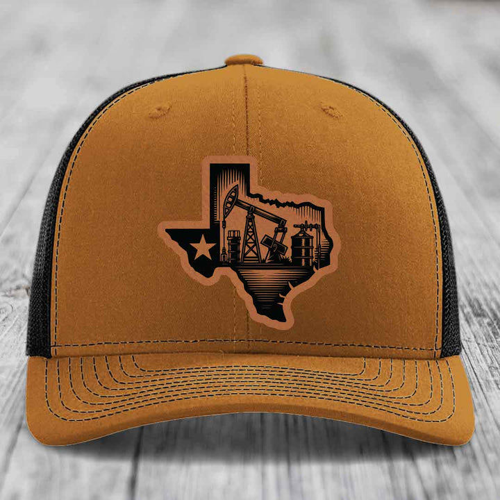 Texas Oilfield - Leather Patch Hat - Rawhide to Black Patch - Richardson 112 Snapback Trucker Hat