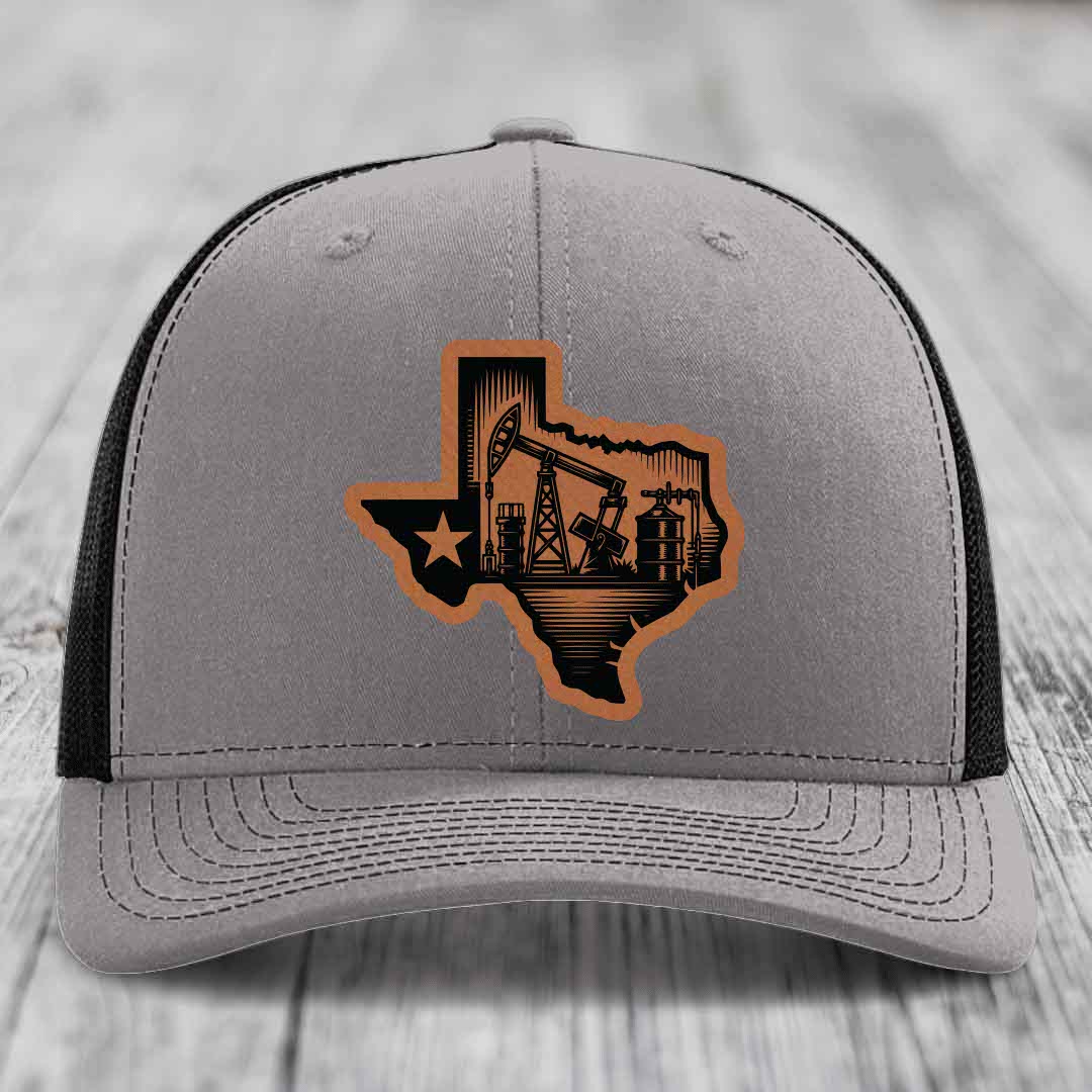 Texas Oilfield - Leather Patch Hat - Rawhide to Black Patch - Richardson 112 Snapback Trucker Hat