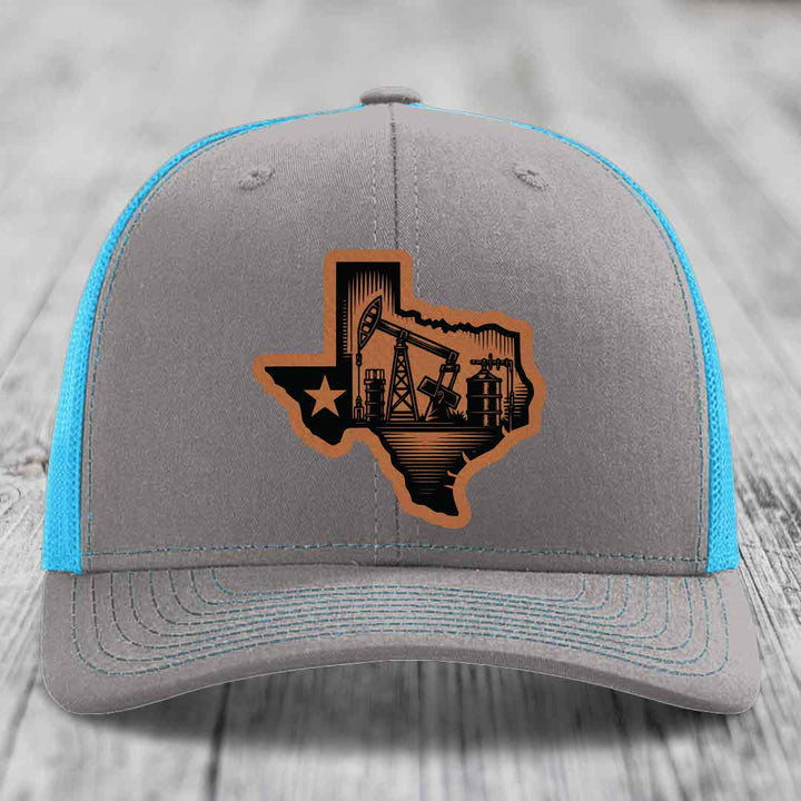 Texas Oilfield - Leather Patch Hat - Rawhide to Black Patch - Richardson 112 Snapback Trucker Hat
