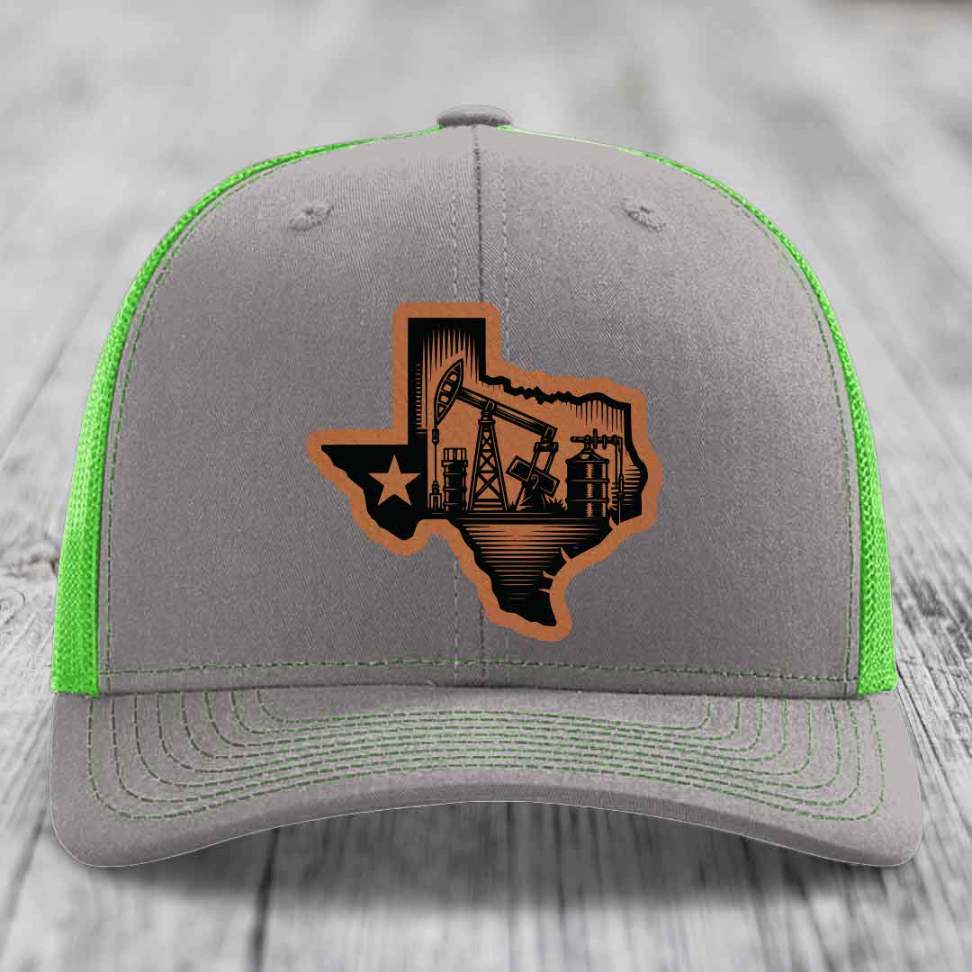 Texas Oilfield - Leather Patch Hat - Rawhide to Black Patch - Richardson 112 Snapback Trucker Hat