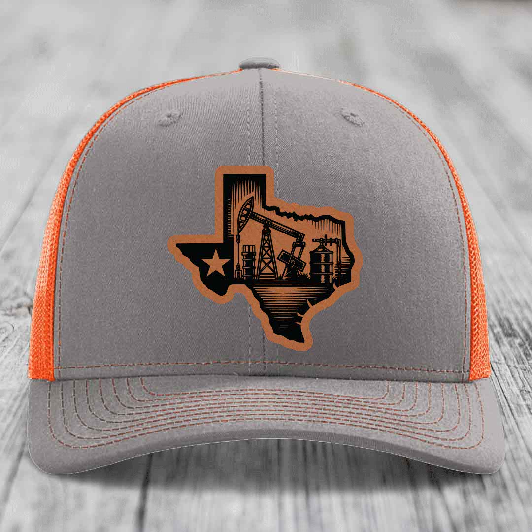 Texas Oilfield - Leather Patch Hat - Rawhide to Black Patch - Richardson 112 Snapback Trucker Hat