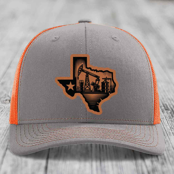 Texas Oilfield - Leather Patch Hat - Rawhide to Black Patch - Richardson 112 Snapback Trucker Hat
