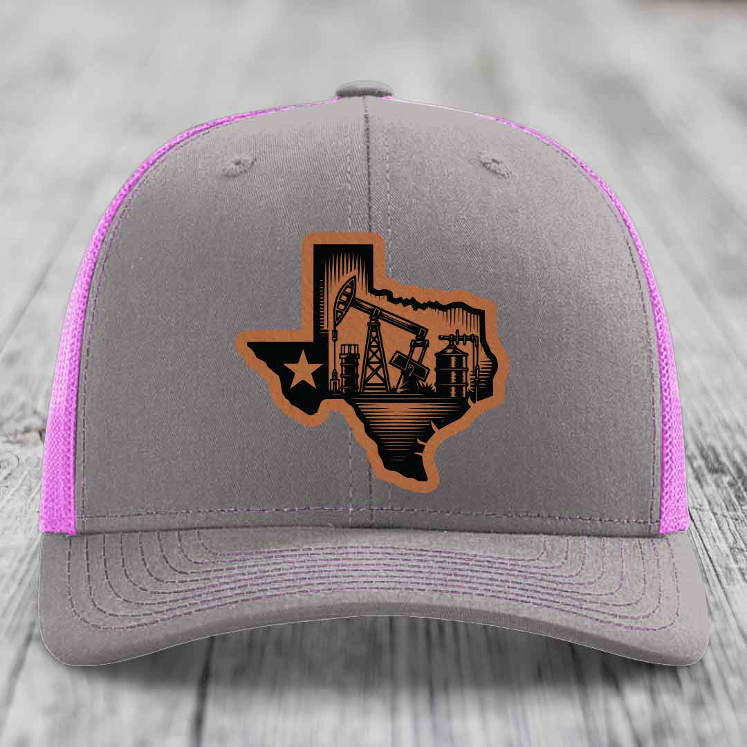 Texas Oilfield - Leather Patch Hat - Rawhide to Black Patch - Richardson 112 Snapback Trucker Hat